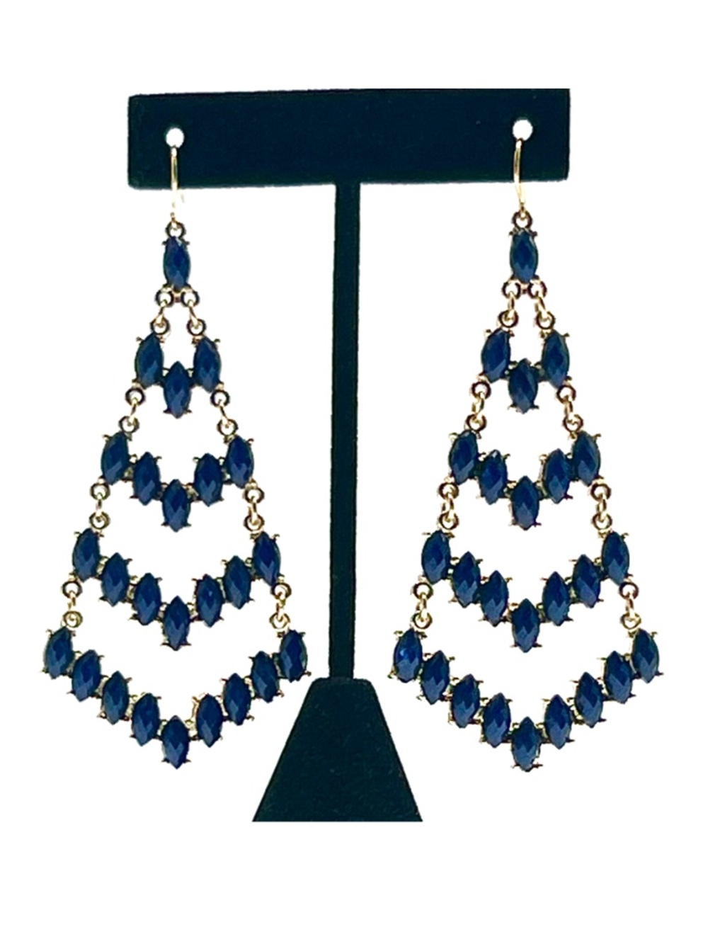 Chandelier Style Pierced Earrings in Gold-tone and Navy Blue - Picture 4 of 4